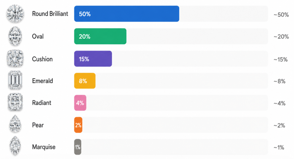 Bar chart of diamond shape inventory split percentages