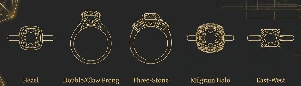 Five ring setting styles shown for Old Mine diamonds