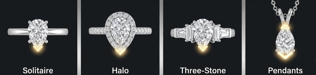 Four jewelry settings for pear shaped diamond rings