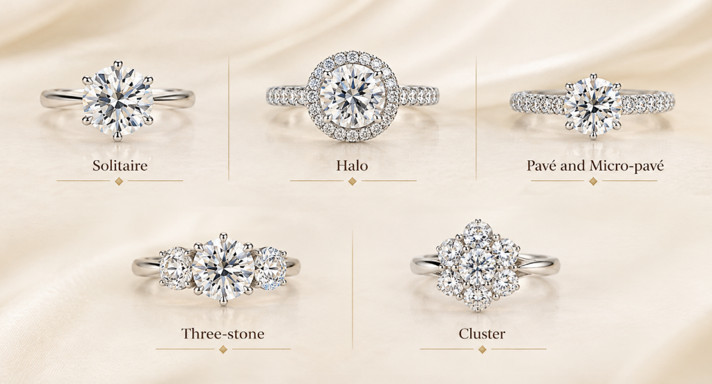 Five engagement ring settings for brilliant cut diamonds shown