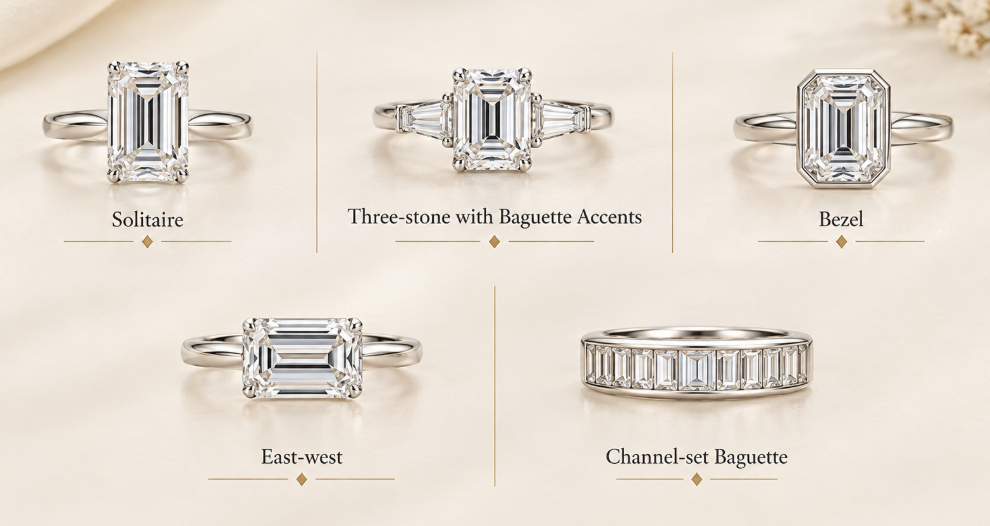 Five engagement ring settings for step cut diamonds shown