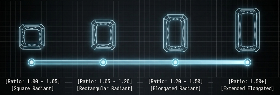 comparing square, rectangular, and elongated radiant diamond ratios