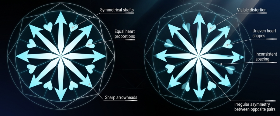 Symmetrical hearts and arrows diagram versus distorted