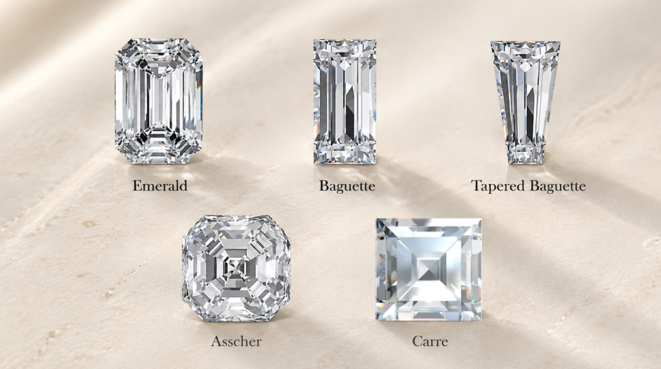 Five step-cut diamond shapes: emerald, baguette, asscher, carre