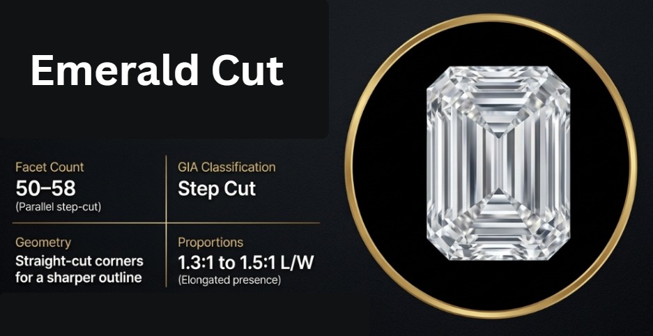 Emerald cut diamond specifications showing facet count and proportions