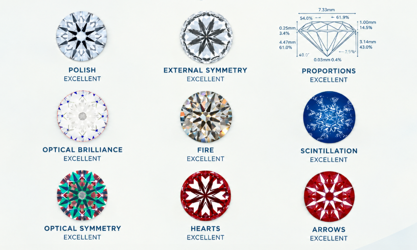 Eight GCAL 8X criteria for round brilliant diamonds
