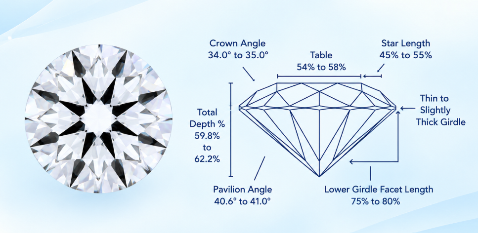 Diamond diagram with ideal crown, pavilion, and table proportions