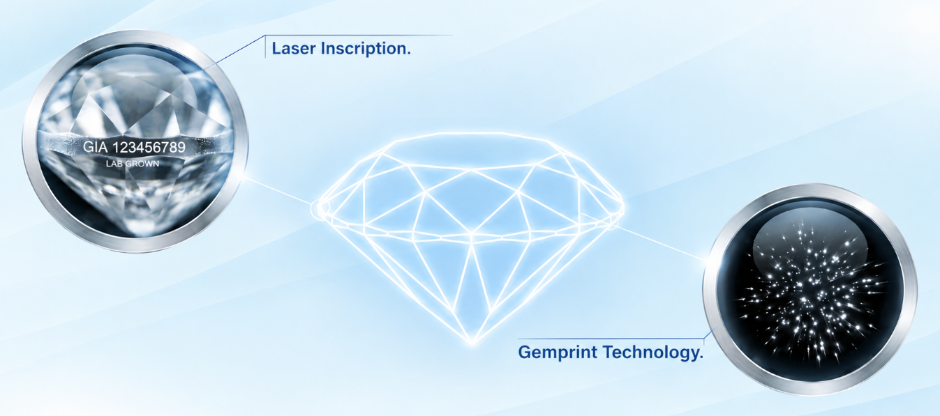 Diamond showing laser inscription and Gemprint identification technology