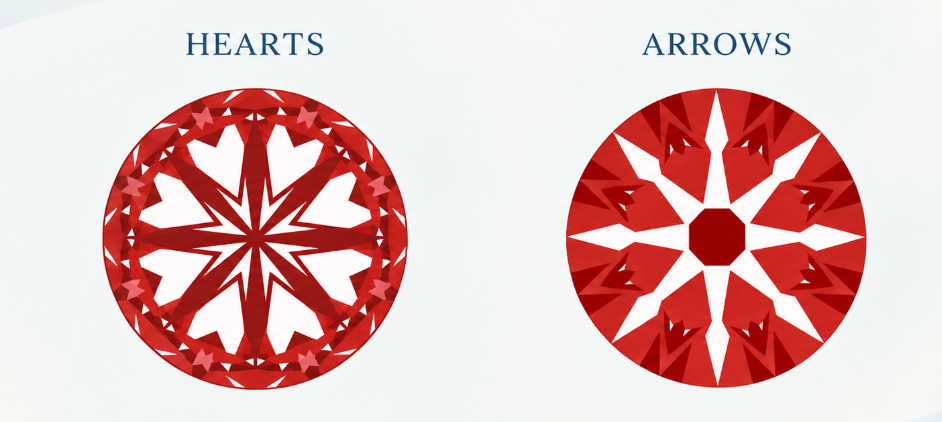 Hearts and Arrows patterns in a round brilliant diamond