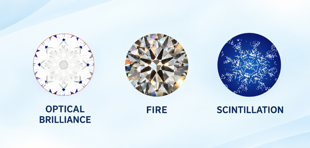 Diamond light performance showing brilliance, fire, and scintillation