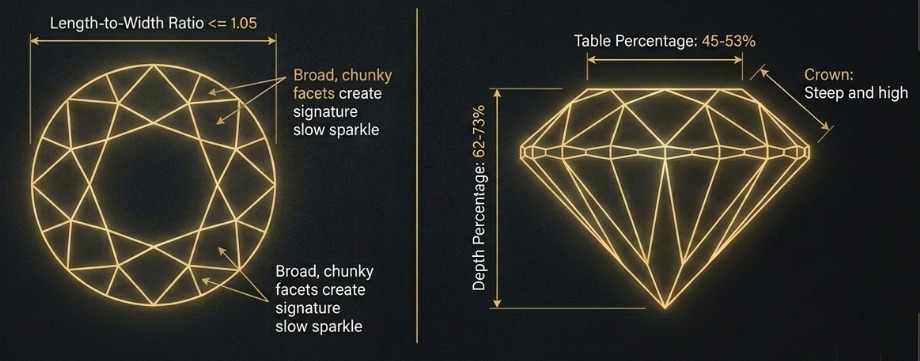 Diagram showing old European cut diamond key proportion specifications