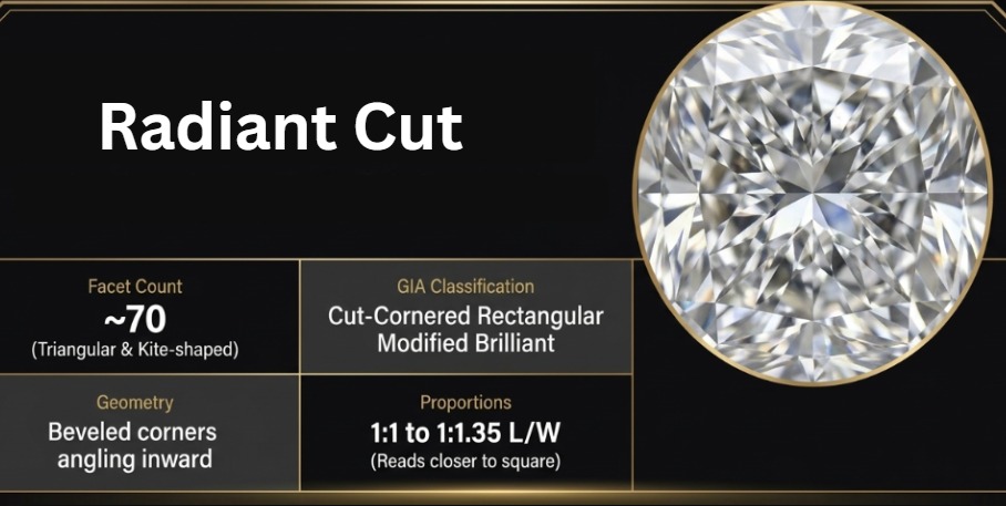 Radiant cut diamond specifications showing facet count and proportions