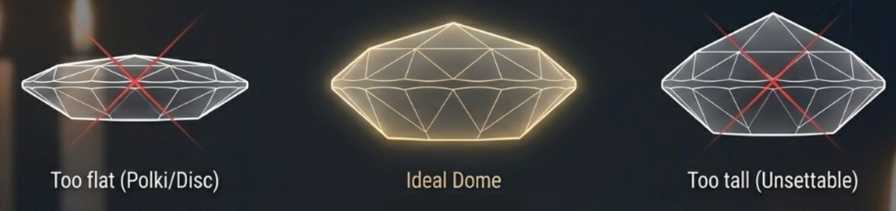Three rose cut diamond profiles showing flat ideal and tall