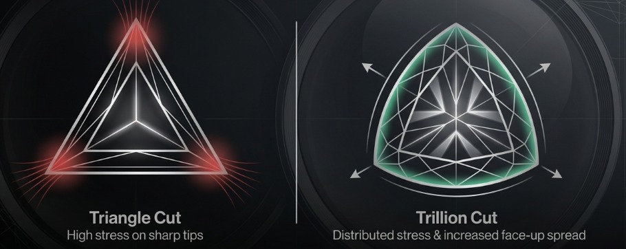 Diagram comparing triangle cut versus trillion cut diamond differences